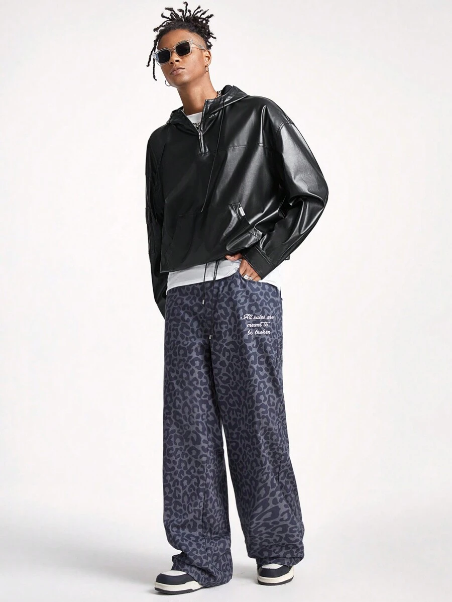 Manfinity RebelGame Men's PU Leather Loose Woven Hooded Sweatshirt - Black - View 1