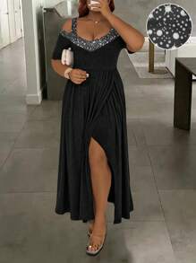 SHEIN Clasi 大尺碼女士閃爍鑽石裝飾細肩帶短袖連衣裙 - 黑色 - 查看 1