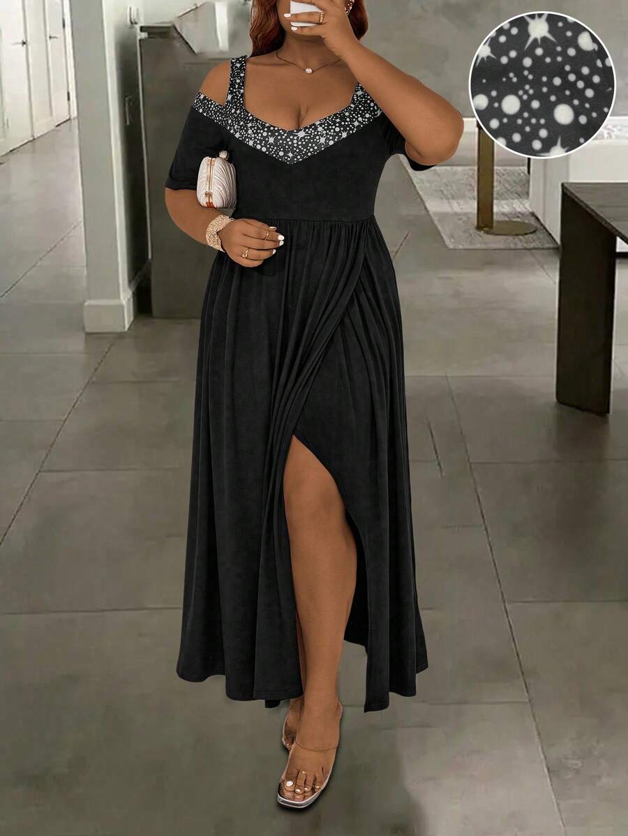 SHEIN Clasi 大尺碼女士閃爍鑽石裝飾細肩帶短袖連衣裙 - 黑色 - 查看 1