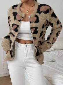 Chiquease Áo Cardigan nữ tay dài rộng rãi họa tiết da báo thu đông - Màu Khaki - Xem 6