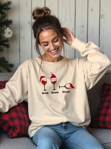 SHEIN LUNE Christmas "Drink Drank Drunk" Wine Glass Pattern Casual Simple Crew Neck Thick Loose Fit Pullover Sweatshirt For Women, Suitable For Autumn/Winter,Long Sleeve Tops - Apricot - View 1