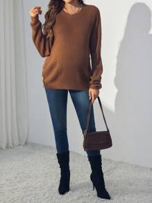SHEIN Maternity Solid Color Drop Shoulder Round Neck Button-Up Long Sleeve Sweater, Autumn/Winter