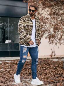 Manfinity Homme Heren Geometrisch Print Lange Mouw Rits Voorkant Casual Jas Voor Herfst/Winter, Herenjas, Herfst En Winter Herenkleding, Heren Khaki Jas, Pluche Fleece Voor Warmte, Winter Herenjas, Vriendje Cadeau, Koraal Fleece