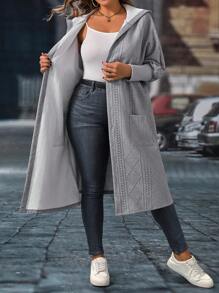 SHEIN LUNE Áo khoác cardigan dài tay trễ vai màu trơn cỡ lớn cho nữ, mùa thu đông, có mũ trùm đầu thường ngày - Màu xám đen - Xem 1