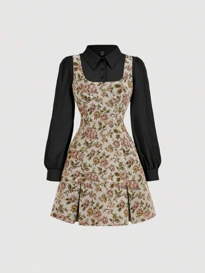 SHEIN MOD 女式复古碎花仿两件套长袖衬衫和吊带裙