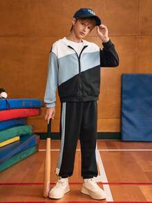 SHEIN Explorewe 两件套青少年男童运动撞色连帽外套和针织运动裤套装，适合秋冬季穿着 - 黑色 - 查看 5