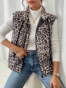 SHEIN Frenchy French Women's Leopard Print Sleeveless Quilted Puffy Warm Coat,Women's Leopard Print Sleeveless Quilted Padded Coat,Fall Women Clothes,Leopard Costume,Winter Clothes,Winter Clothes,
