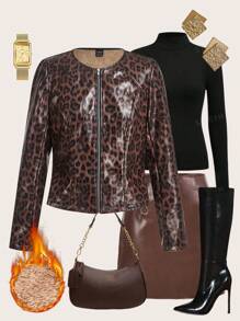 Ellevyn Women's Leopard Print PU Lined Thick Front Zip Up Jacket
