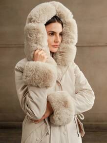 Anewsta Thick Long Fluffy Fur Collar Quilted Lined Cinched Waist Parka Coat, Women's Padded Outerwear - Beige - View 2