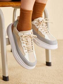 CUCCOO EASI Women Casual Sports Shoes, Leather Splicing Thick Soles, Fashionable And Unique Fall Tainers