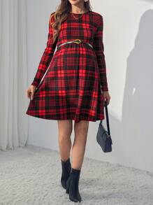 SHEIN Váy bầu ngắn tay dài kẻ caro đỏ lớn cho phụ nữ - Đỏ - Xem 3
