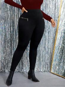 SHEIN Clasi 大码纯色装饰拉链弹力紧身裤，休闲日常穿着