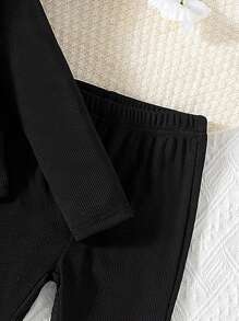 SHEIN 2pcs Young Girl Fashionable Ribbed Hoodie Crop Jacket And Flare Pants Set, New Spring/Autumn Choice! - Black - View 4