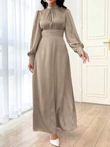 Modelyn Women Elegant Solid Color Lantern Sleeve Modest Long Sleeve Maxi Arabian Dress, Spring Summer Long Evening Dresses - Brown - View 4