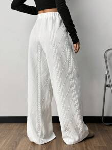 Muchica 白色编织女士休闲阔腿字母印花长裤，宽松裤 - 白色 - 查看 2