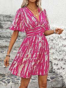 Breezaya Summer Casual All-Over Print Ruched Ruffle Sleeve Dress - Hot Pink - View 5