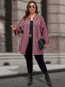 SHEIN LUNE Plus Size Women's Casual Loose Fit Faux Pearl Decorated Drop Shoulder Long Sleeve Jacket, Spring/Autumn Winter Fall - Redwood - View 3