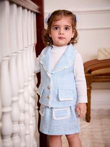 SHEIN Baby Girls' Turtleneck Long Sleeve Top, Sleeveless Vest And Skirt Set, Fall/Winter 2024 New Arrival, Elegant, Fashionable, Comfortable And Cute - Blue - View 1