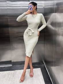 SHEIN Cottnline Women Bodycon Sweater Midi Dress With Belt Detail - Beige - View 2