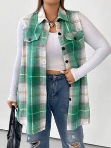 SHEIN LUNE Áo khoác vest kẻ caro cỡ lớn, cho mùa đông - Nhiều màu - Xem 3