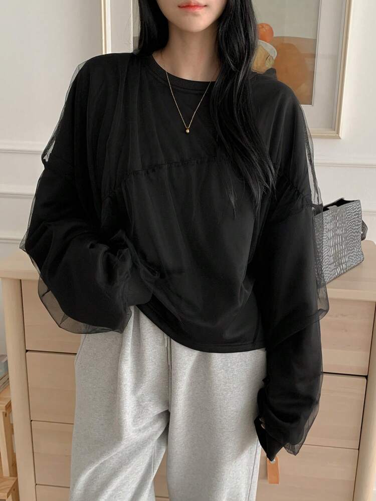 Women's Solid Color Long Sleeve Mesh Contrast Pullover Sweatshirt, Autumn/Winter,Fall Women Clothes