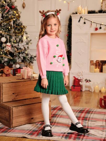 Young Girls' Sage Green Textured Twist Knit Sweater And A-Line Skirt Set,Autumn Elegant Fairy Style Warm Comfortable Childlike Playful Outfit