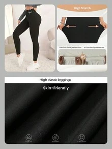 Women Letter Print Casual Versatile Minimalist Daily Leggings - Black - View 3