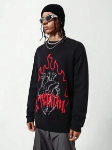 SHEIN Teen Boys' Flame Pattern Knit Sweater With Crew Neck Design