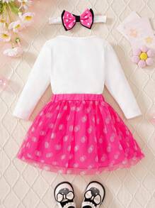 SHEIN Playful Pals 3pcs/Set Baby Girls Party Outfit, Includes Letter Print Long Sleeve Bodysuit, Tulle Skirt And Headband Clothes Set - Hot Pink - View 2