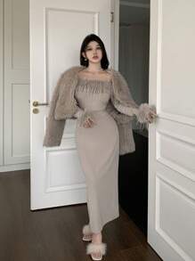 Feyla Women's Solid Color Off-Shoulder Fluffy Splice Elegant Long Sleeve Dress Long Evening Dresses - Khaki - View 6