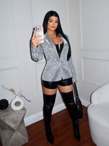 SHEIN SXY 女式翻领长袖闪亮西装外套，适合春季和秋季 - 深灰色 - 查看 4