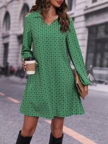 SHEIN LUNE Women's Geometric Print Lantern Sleeve Casual Loose Straight Dress, Spring/Summer