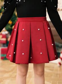 SHEIN Young Girl Woven Solid Color Beaded Casual Skirt, For Christmas