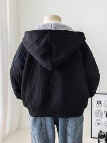 1 件年轻男孩休闲舒适带衬里连帽加厚保暖夹克保暖黑色连帽绗缝夹克，保暖夹克，适合外出、返校、生日、万圣节、圣诞节、日常聚会、秋冬季节 - 黑色 - 查看 2