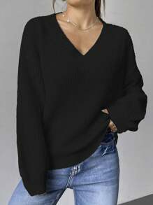 Flirla 宽松V领女士纯色落肩长袖毛衣，秋冬季长袖针织套头衫 - 黑色 - 查看 5