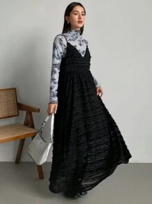 FRIFUL 女士纹理荷叶边吊带中长连衣裙