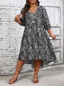 SHEIN LUNE Vestido de manga larga con escote en V y estampado de leopardo para tallas grandes - Multicolor - Ver 3