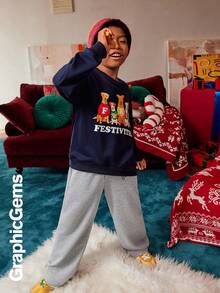 2pcs/Set Tween Boys Christmas Dog Sweatshirt Hooded Sweatshirt And Wide-Leg Sweatpants Set, Adjustable Hem