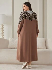 Lacomfia Vestido largo de manga larga con capucha y cordón de ajuste con estampado de leopardo, estilo modesto árabe, para mujer talla grande, para primavera/otoño