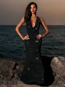 Opulessa Váy dệt kim màu trơn cổ chữ V sâu hở lưng cho nữ - màu đen - Xem 3