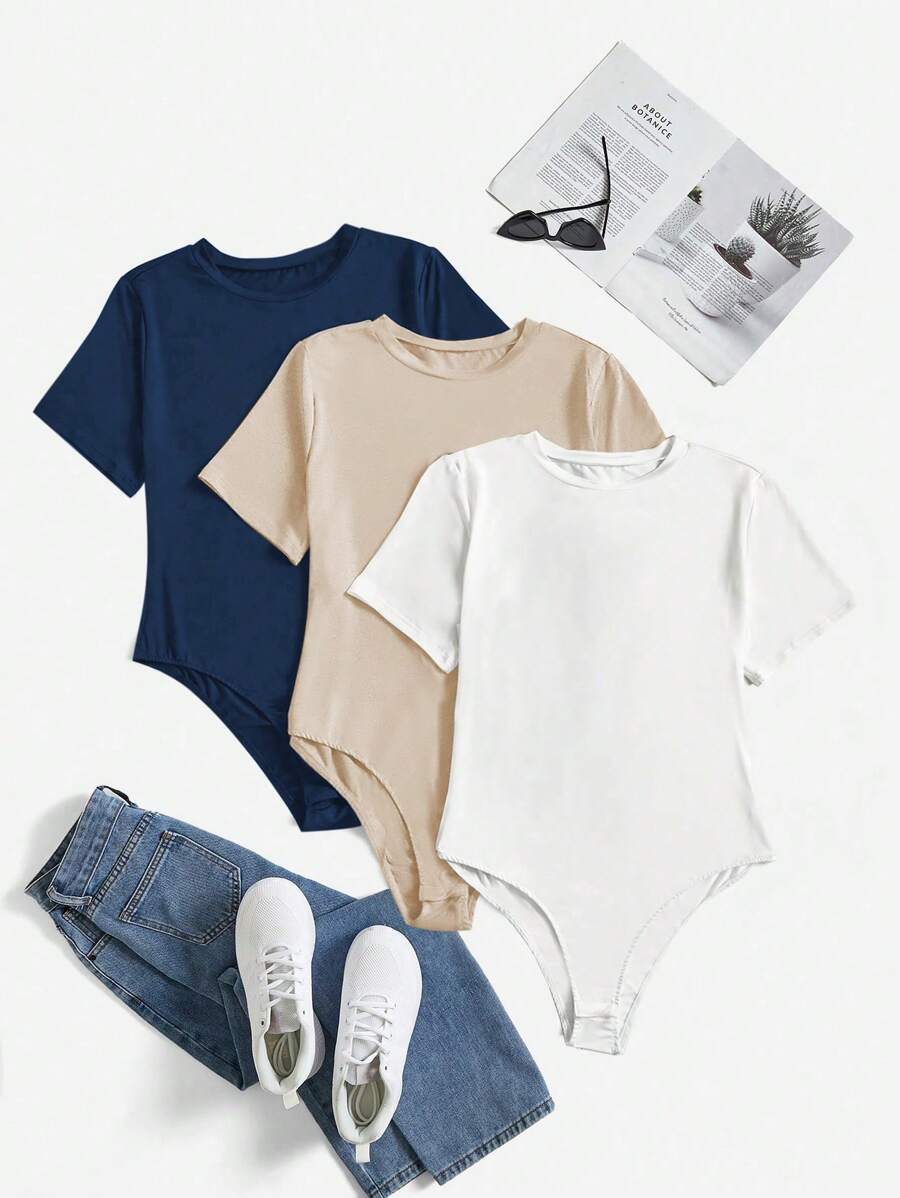 Flirla Plus Size Solid Color Crew Neck Short Sleeve Casual Bodysuit - Multicolor - View 1