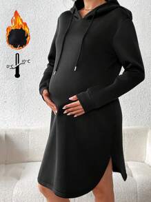 SHEIN 孕妇纯色连帽长袖抽绳孕妇运动衫，适合冬季 - 黑色 - 查看 1