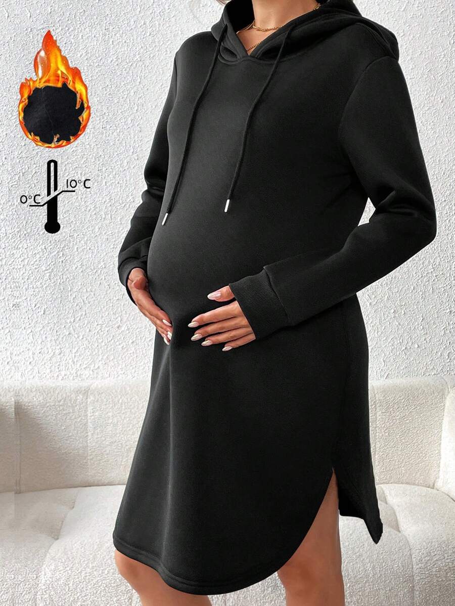 SHEIN 孕妇纯色连帽长袖抽绳孕妇运动衫,适合冬季 - 黑色 - 查看 1