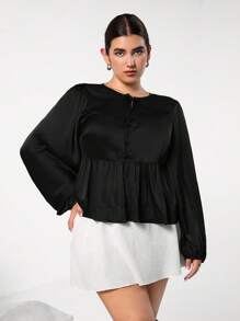 SHEIN EZwear Plus Size Women Fall Daily Casual Loose Fit Bowknot Shirt, Workplace Lightweight Shiny Satin Blouse - Black - View 6