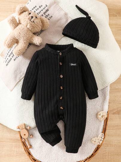 SHEIN 男婴纯色羊毛连体衣，柔软舒适休闲风格，适合秋冬季外出、户外玩耍、度假、日常生活、旅行，配有帽子