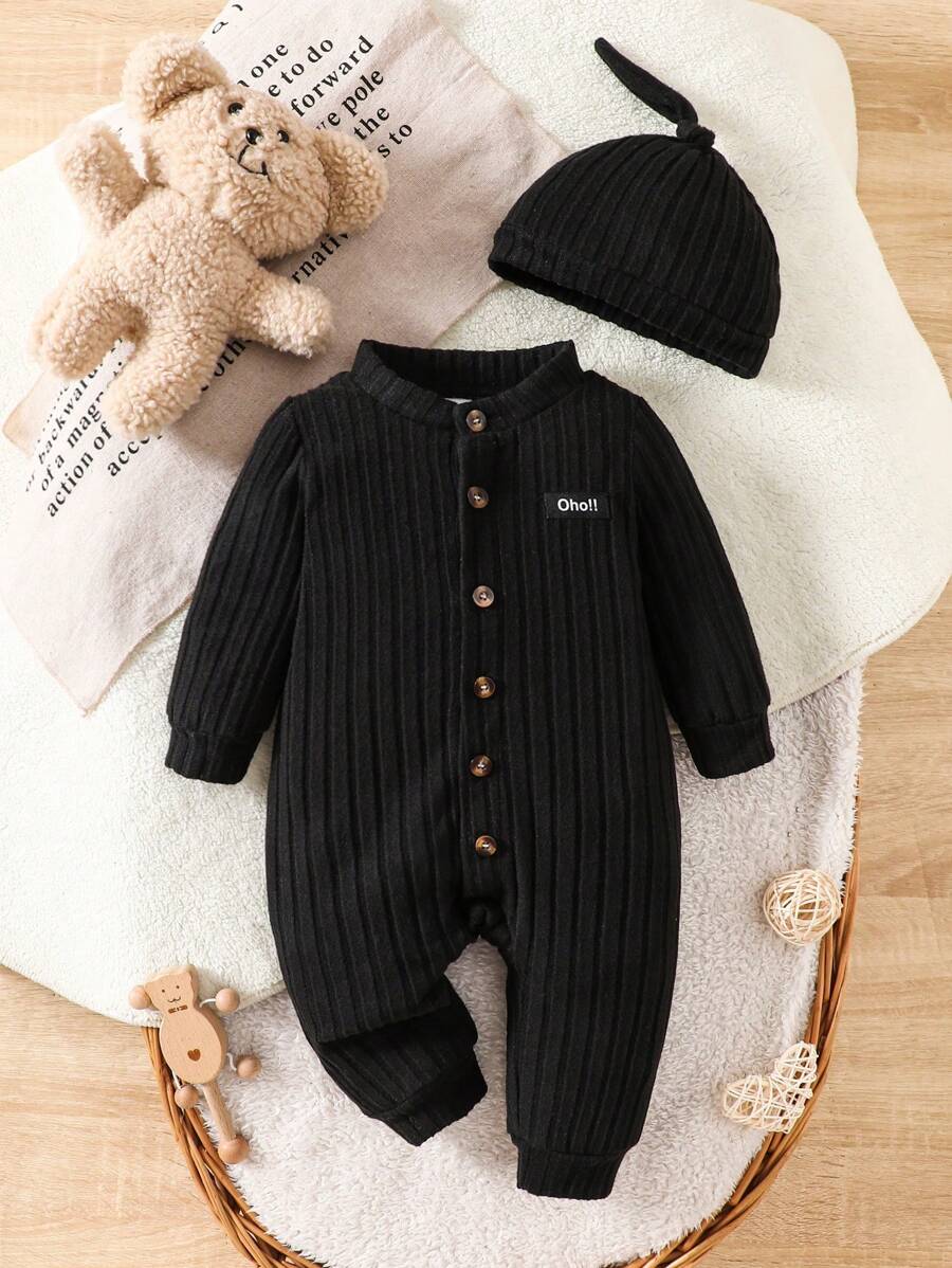 SHEIN 男婴纯色羊毛连体衣，柔软舒适休闲风格，适合秋冬季外出、户外玩耍、度假、日常生活、旅行，配有帽子 - 黑色 - 查看 1