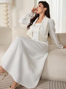 Modelyn 2pcs Women's Solid Color Long Sleeve Top And Square Neck Sleeveless Dress Set 2 Pieces Set - White - View 3