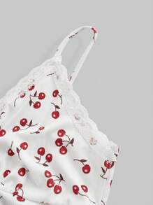 ROMWE Kawaii Plus Size Women Cherry Printed Contrast Lace Camisole, Summer - Multicolor - View 4