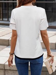 SHEIN Clasi 女士拼色圆领短袖 T 恤 - 白色 - 查看 2