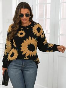 SHEIN LUNE Suéter de Ombros Caídos Estampa de Girassol em Plus Size, Outono/Inverno - Preto - Visão 3